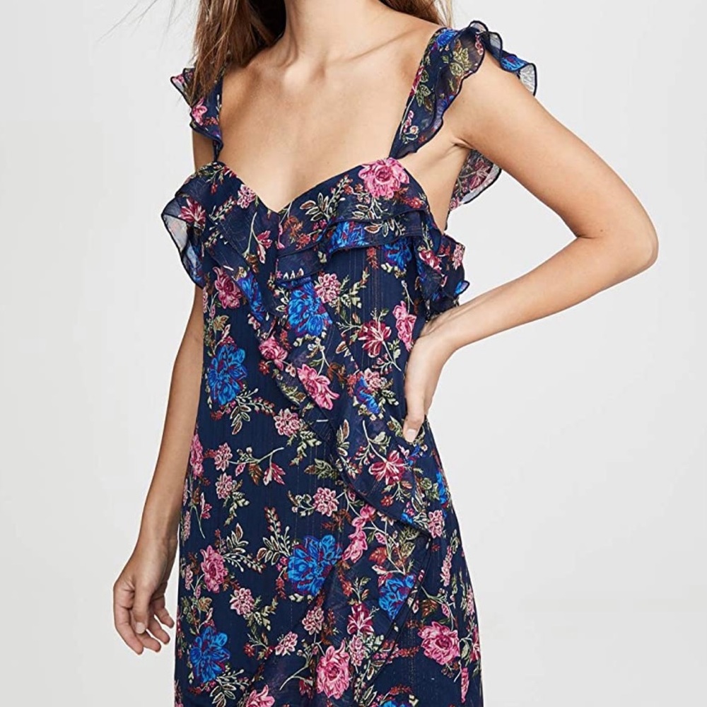WAYF Shopbop Women's Issy Ruffle Strap Midi Dress Navy Floral Small - Picture 2 of 6